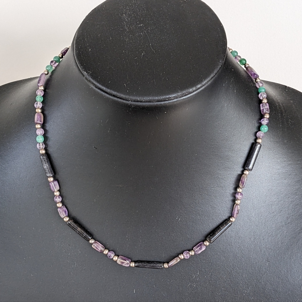 Vintage Necklace With Natural Jade, Amethyst And Tourmaline Gemstones - Picture 2 of 8